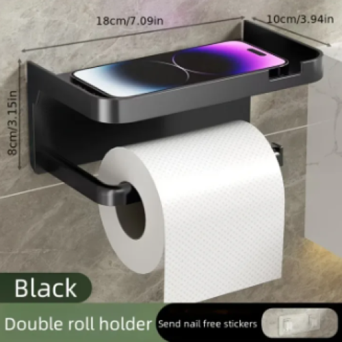 Sleek Toilet Paper Holder] Durable Black Toilet Paper Holder with Shelf | Wall-Mounted Bathroom Tissue Dispenser