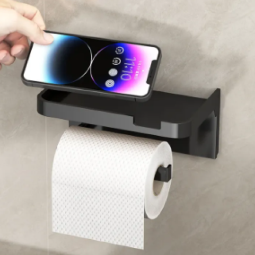 Sleek Toilet Paper Holder] Durable Black Toilet Paper Holder with Shelf | Wall-Mounted Bathroom Tissue Dispenser